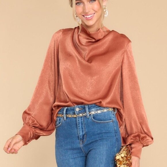 Aura | Size L | Silky Terracotta Cowl Blouse with Bow Neck and Jewel Buttons - Picture 1 of 11